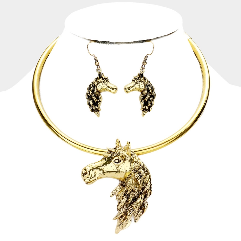 Gold Horse Head Charm Pendant Choker Necklace Statement Chain Set Animal Face